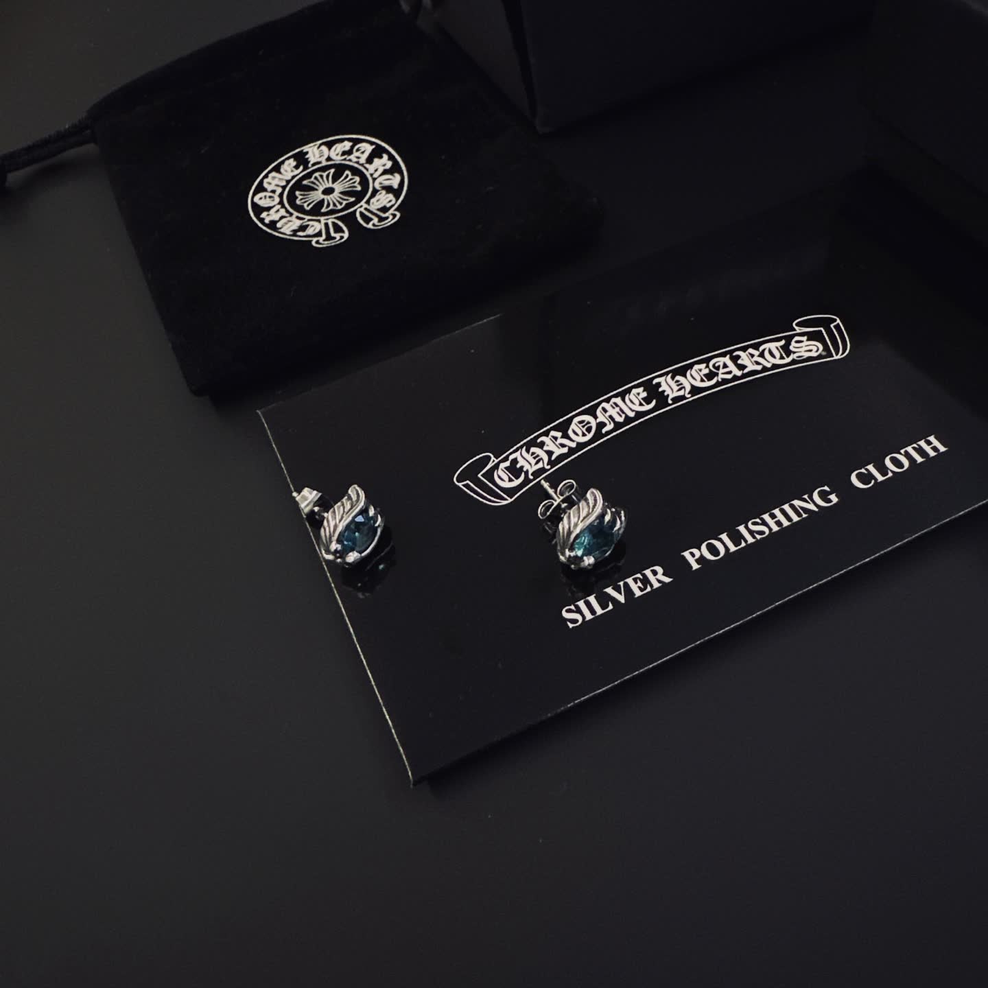 Chrome Hearts Chroma Charts Silver Blue Gemstone Stud Earrings